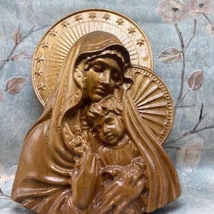 Blessed Virgin Mary and child Jesus wood carving 12” wall plaque wall hanging statue. Makes a nice Rosary Hanger too.