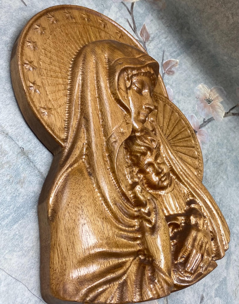 Blessed Virgin Mary and Child Jesus Wood Carving 12” Wall Plaque Wall ...