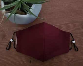 Burgundy 100% Cotton Double Layer Mask + Adjustable + Filter Pocket