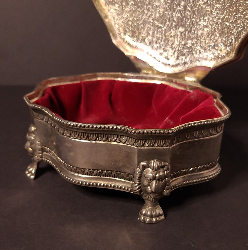 Vintage Silver Plated Jewelry Box Red Velvet Lining Lion Etsy