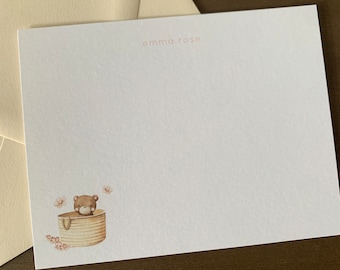Baby bear in basket A2 Notecards & Light pink envelopes