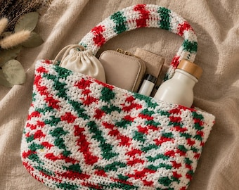 Bolsa de crochê feita à mão – Bolsa de ombro boho vermelha, branca e verde – Bolsa feminina