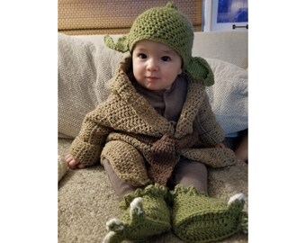 Tenue bébé Yoda - Costume 6 pièces Star Wars Mandalorian au crochet fait à la main pour enfants et nouveau-nés - Personnalisation et personnalisation disponibles