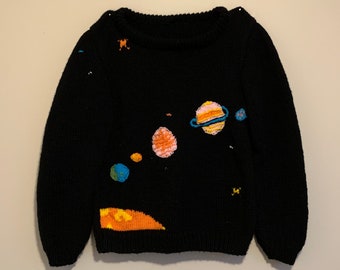 Solar System Intarsia Hand Knitted Black Multicolor Harry Styles Elder Statesman Inspired Sweater - Customization Personalization Available