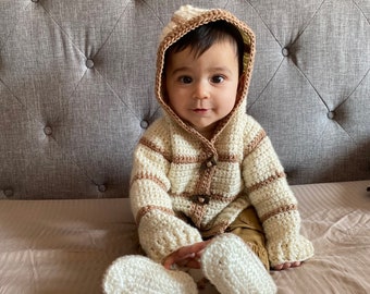 Handmade Crochet Baby Set - Cardigan Hoodie and Booties Set of 2 Beige Brown Newborns Babies - Customization & Personalization Available