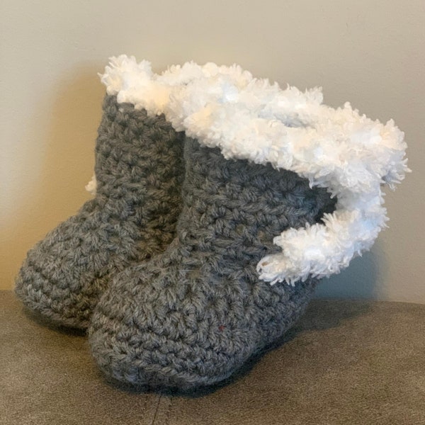 Handmade Baby Booties - Crochet Stylish Warm Winter Shoe Footies for Babies and Kids in Grey - Customization & Personalization Available