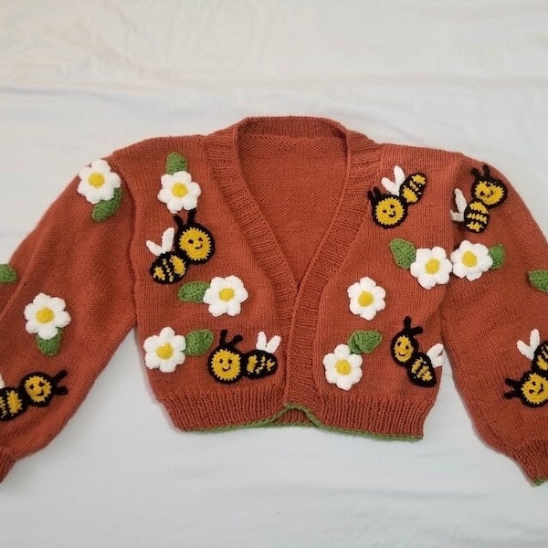 Hand Knitted Bee Cardigan - Daisy Flower Multicolored Chunky Crop Sweater - Customization & Personalization Available