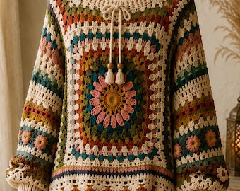 Maglione all'uncinetto boho fatto a mano – Pullover a quadri floreali stile nonna – Maglione oversize in maglia boho – Top cottagecore personalizzato