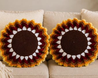 Handmade Crochet Sunflower Cushion Cover – Round Boho Cottagecore Pillow Décor