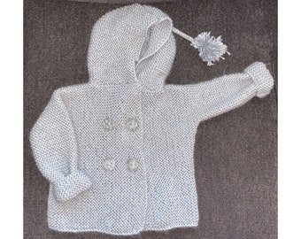 Hand Knitted Kids Cardigan - Buttoned Hoodie Sweater in Grey for Babies and Kids - Customization & Personalization Available