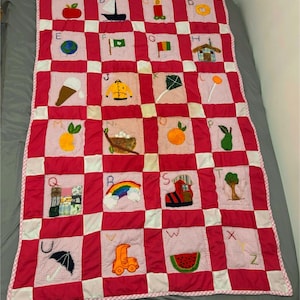 Handmade Crib Quilt - Alphabet Patchwork Kantha Multicolored Throw Blanket Crib Bedding 52&quot;x36” - Customization & Personalization Available