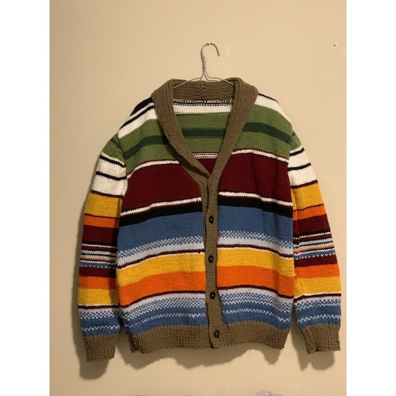 Hand Knitted Cardigan Multicolored Striped Unisex Sweater With
