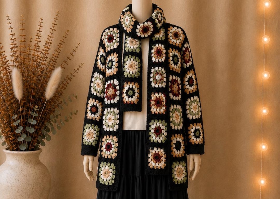 Hand Crocheted Granny Square Cardigan Scarf Set – Patchwork Boho