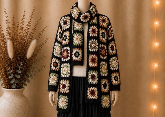 Hand Crocheted Granny Square Cardigan Scarf Set – Patchwork Boho