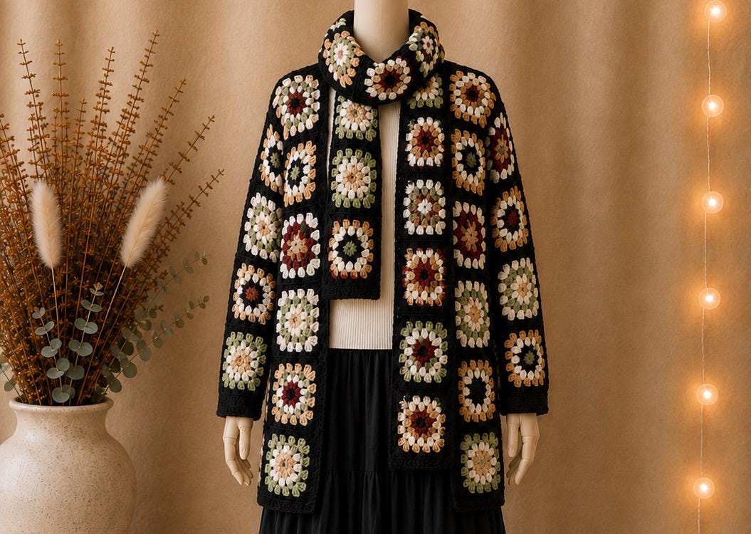 Hand Crocheted Granny Square Cardigan Scarf Set – Patchwork Boho