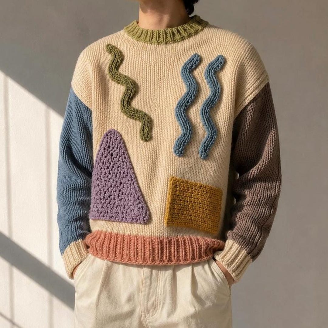 Handmade Abstract Knit Sweater – Color Block Chunky Pullover