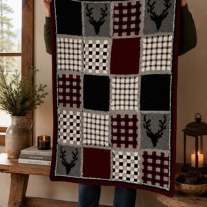 Handmade Crochet Deer Plaid Blanket – Rustic Patchwork Cabin Throw