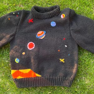Solar System Intarsia Hand Knitted Black Multicolor Harry Styles Elder Statesman Inspired Sweater - Customization Personalization Available