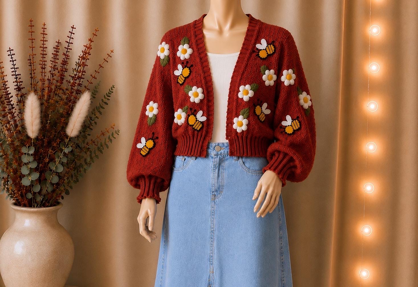 Hand Knitted Bee & Floral Cardigan - Chunky Crop Sweater