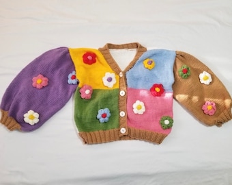 Hand Knitted Daisy Cardigan - Multicolored Colorblock Daisy Flower Vibrant Chunky Crop Sweater - Customization & Personalization Available