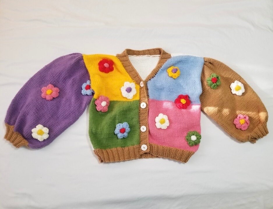 Hand Knitted Daisy Cardigan - Multicolored Colorblock Daisy