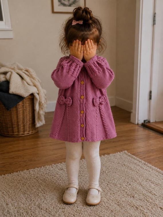 hand knit sweater dress Hand Knitted Girls Sweater Dress - Pink Bow Kids Dress