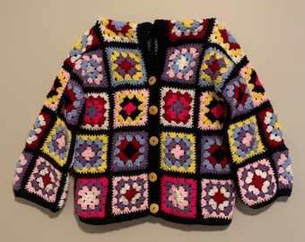 Hand Crocheted Cardigan - Multicolored Granny Square Sweater with Buttons - Customization & Personalization Available