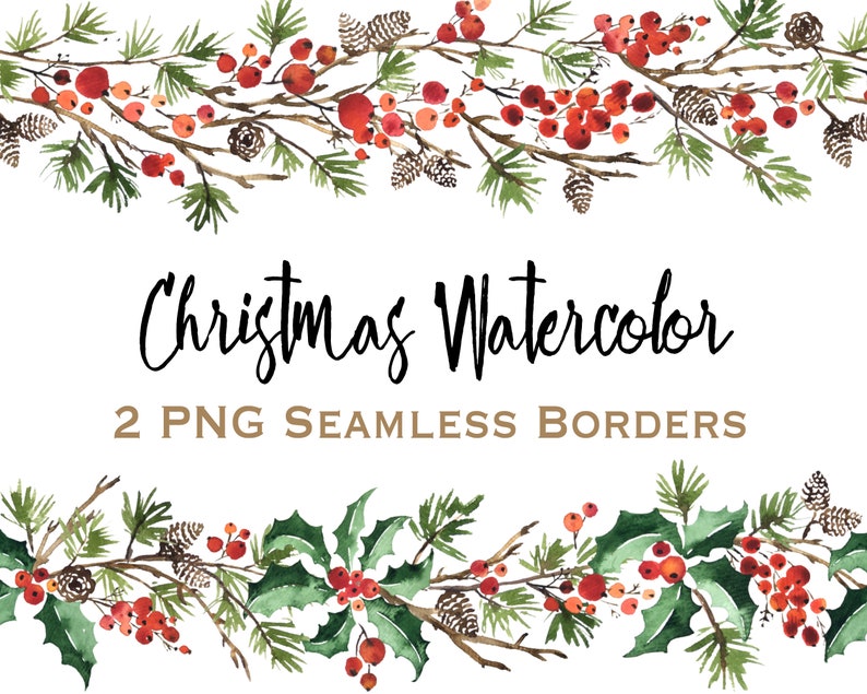 Christmas Floral Watercolor Border Seamless Patterns PNG | Etsy