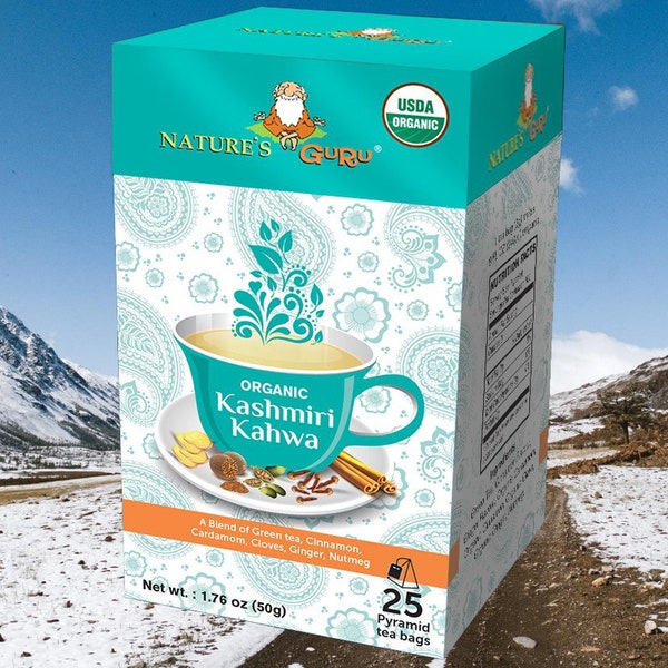 Organic Kashmiri Kahwa I Green Tea Bags I 25 CT Box Pyramid Tea Bags I Nature's Guru