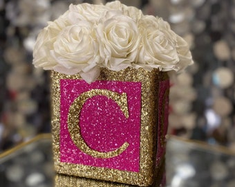 Custom Glitter Block Centerpiece | Hot Pink, Gold, Personalized Party Decor
