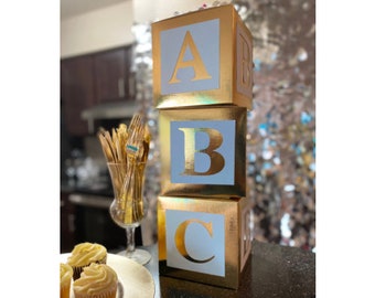 Baby Blue & Gold ABC Block Centerpiece, 3 Box Set