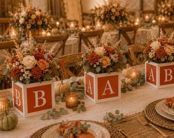 Burnt Orange Baby Blocks Centerpiece | Fall theme Baby Shower Decorations, Neutral Table Decor