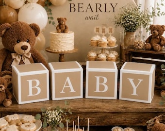 Teddy Bear Baby Shower Centerpiece, Brown BABY Blocks, We Can Bearly Wait Decor, Neutral Boho Baby Shower Decorations