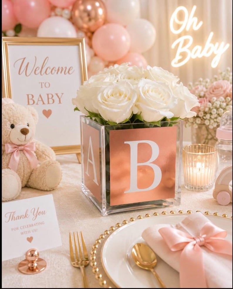 Gold Baby Shower Centerpiece | Luxury Personalized Acrylic Vase image 3
