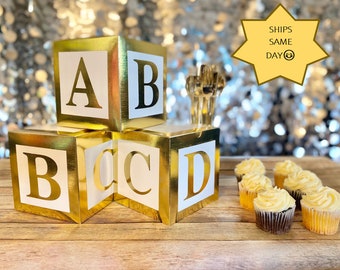 Baby Shower Block Decorations, White and Gold Centerpieces, ABC 3-Box Set