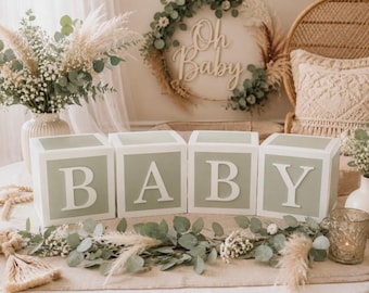 Sage Green Baby Blocks Centerpiece | Boho Baby Shower Decorations, Neutral Table Decor