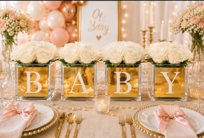 May include: Four square glass vases with a reflective gold finish, each displaying a large white letter to spell BABY. Each vase is topped with a dense arrangement of white roses. The vases are arranged in a row as a centerpiece on a table.