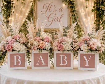 Dusty Rose Baby Blocks Centerpiece | Boho Enchanted Garden theme Baby Shower Decorations, Table Decor