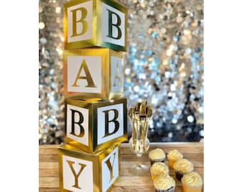 Baby Shower Centerpiece: Gold & White Block Letter Decorations, Set of 4