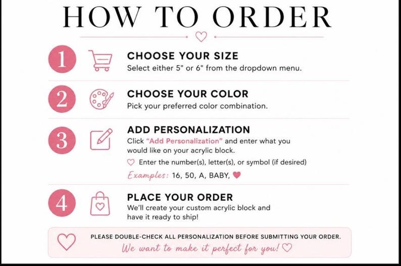 May include: An instructional graphic titled HOW TO ORDER with four numbered pink circles. It outlines steps to choose a 5 inch or 6 inch size, select a color, add personalization for an acrylic block with examples like 16, 50, A, BABY, and place an order.