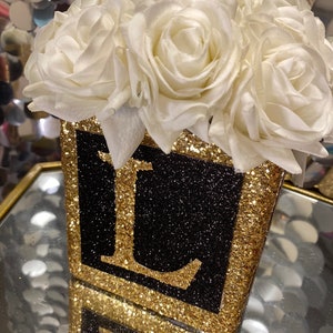 Black and Gold Customizable Table decoration centerpeice vase floral arrangement for birthdays, baby showers royal themed