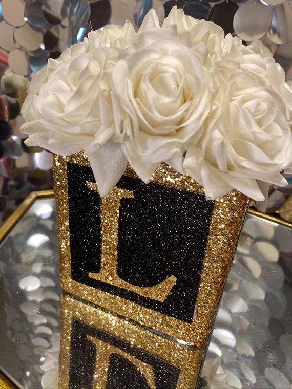 Black and Gold Customizable Table Decoration Centerpeice Vase Floral  Arrangement for Birthdays, Baby Showers Royal Themed 