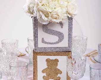 Glitter Baby Block Centerpiece, Acrylic Vase, Baby Shower Decorations