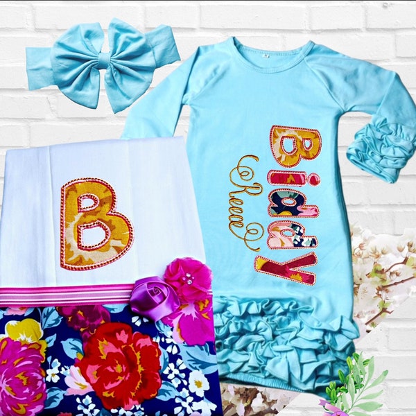Newborn Take Home Outfit, Going Home Set Blue, Personalized Baby Gown with Matching Bow and Burpcloth