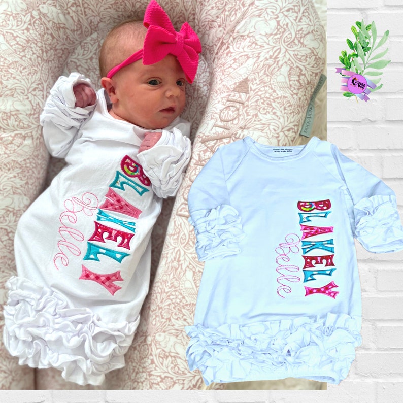 Personalized Embroidered Newborn Gown Embroidered Applique Etsy