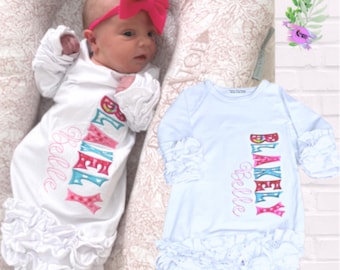 Personalized Embroidered Newborn Gown: Applique Name, Coming Home Outfit