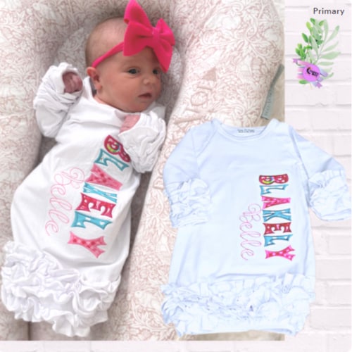 Personalized Embroidered Newborn Gown: Applique Name, Coming Home Outfit