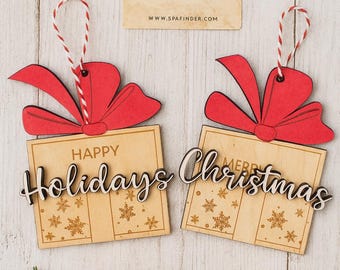 Wooden Christmas Gift Card Holder, Holiday Present Ornament, “Happy Holidays” & “Merry Christmas” Laser Engraved Gift Box, Red Bow Rustic