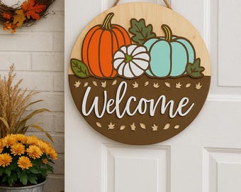 Fall Pumpkin Door Hanger, Wooden Welcome Sign, Fall Front Door Decor, Autumn Pumpkin Door Sign, Farmhouse Porch Decor, Thanksgiving Decor
