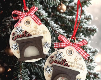 Christmas Countdown Santa Ornament, Wooden Santa Days Until Christmas Calendar, Holiday Fireplace Decor with Snowflakes & Ribbon